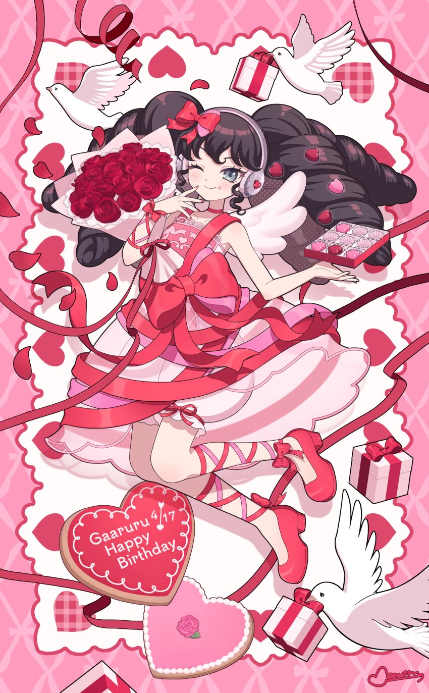 ;) absurdres ankle_ribbon arm_ribbon bare_shoulders bird black_hair blue_eyes bodysuit bouquet bow box character_name choker commentary_request curly_sidelocks dated dress drill_hair fake_wings flower food full_body gaaruru_(pripara) gift gift_box hair_bow hands_up happy_birthday headphones heart highres holding holding_bouquet large_bow leg_ribbon long_hair looking_at_viewer medium_dress momokan_(mmkn100) one_eye_closed pastry pink_background pretty_series pripara puffy_shorts red_bodysuit red_bow red_choker red_flower red_rose red_shoes ribbon rose see-through_clothes see-through_dress shoes shorts signature single_bare_arm smile v-shaped_eyebrows white_background white_bird white_dress white_shorts wings