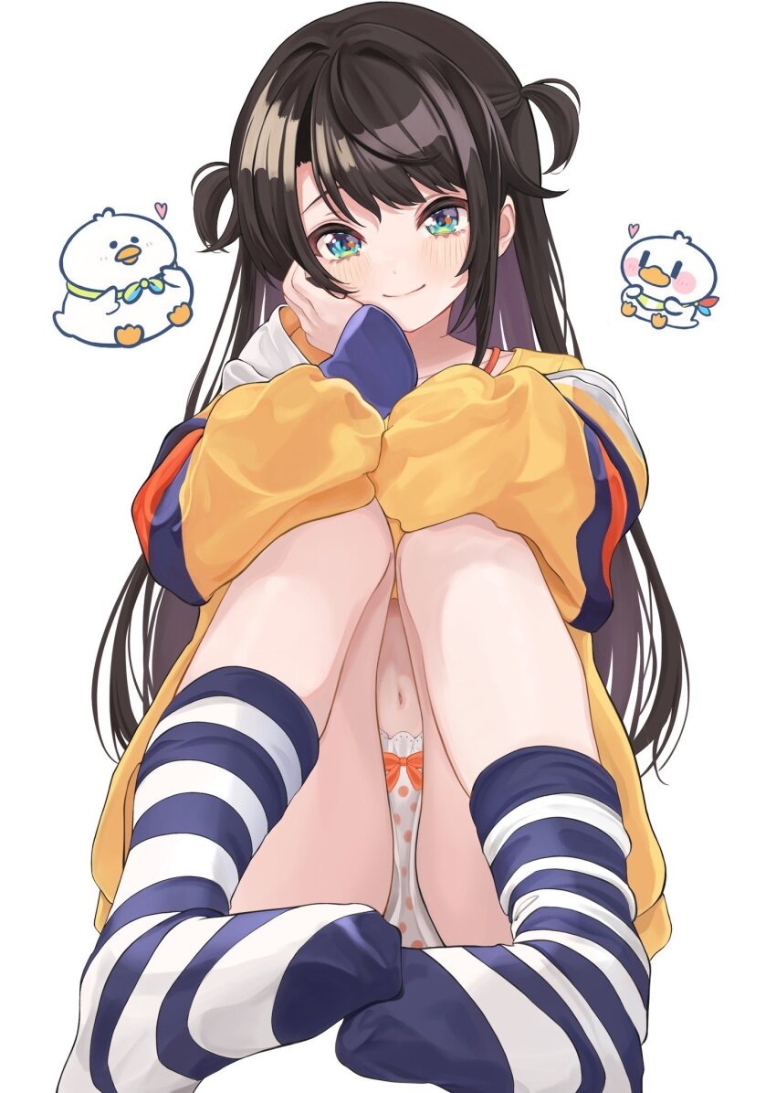 1girl aqua_eyes bird blue_socks blush brown_hair closed_mouth duck eyelashes feet full_body genkina_dog777 highres hololive hood hood_down jacket knees_up long_hair long_sleeves looking_at_viewer navel no_shoes official_alternate_costume oozora_subaru oozora_subaru_(loungewear) panties simple_background sitting smile socks solo striped_clothes striped_socks toe_scrunch two_side_up underwear very_long_hair virtual_youtuber white_background white_panties white_socks yellow_jacket