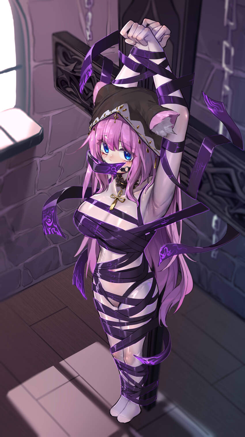1girl absurdres animal_ear_fluff animal_ears armpits arms_up ball_gag bdsm blue_eyes bodystocking bodysuit bondage bound bound_arms bound_legs bound_wrists breasts cat_ears church cross female_focus gag gagged hands_up highres hood large_breasts long_hair looking_at_viewer mummy nun original pink_hair restrained see-through_clothes shoes solo standing xiongmao