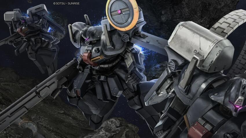 absurdres army asteroid beam_cannon cable company_name copyright_notice debris gundam gundam_battle_operation_2 gundam_sentinel highres holding holding_weapon machinery mecha mecha_focus mobile_suit no_humans official_art one-eyed painting_(medium) purple_eyes radar_dish realistic robot scan science_fiction space sunrise_(company) tenjin_hidetaka thrusters titans_(gundam) traditional_media weapon xeku_eins zero_gravity