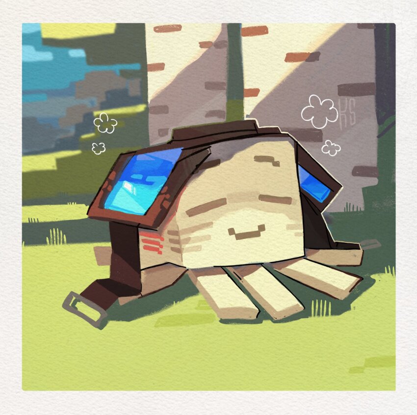 birch_tree border commentary creature creature_focus ghast goggles goggles_on_head grass happy_ghast hashtag-only_commentary highres kr3sk0 minecraft minecraft_(style) no_humans official_style outdoors painterly sky smile solo tree white_border