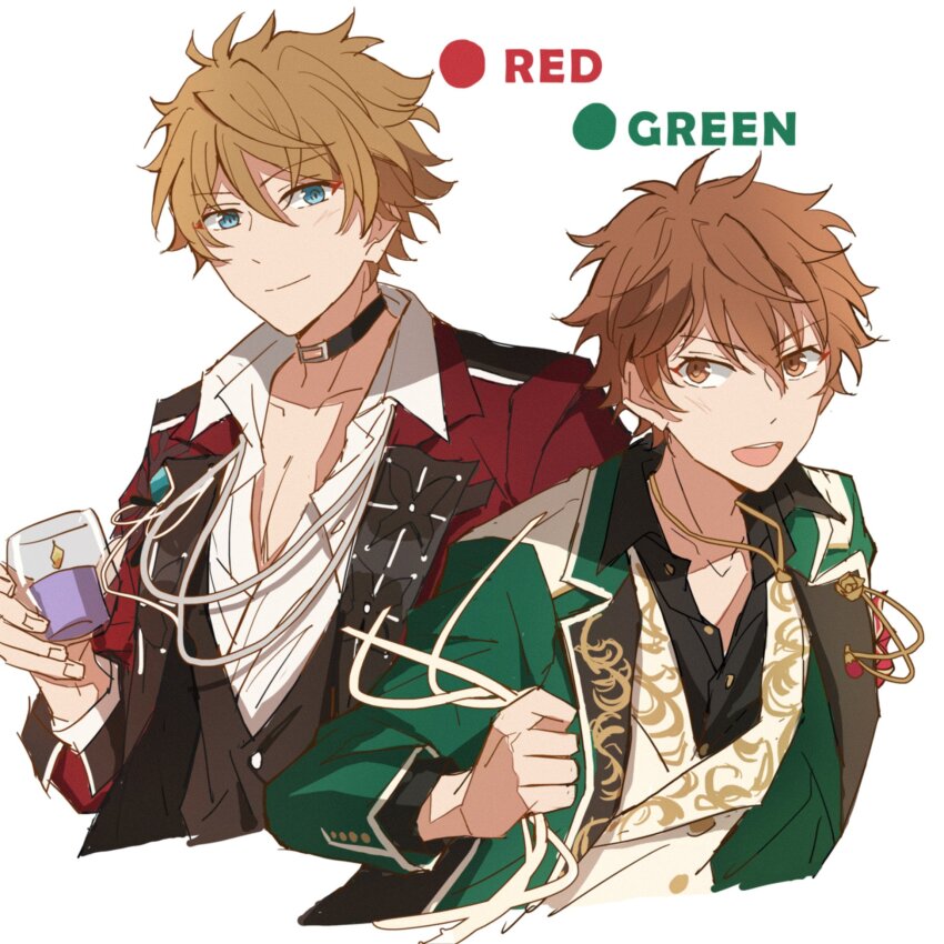 2boys atoz_(ensemble_stars!) blazer blue_eyes brown_eyes brown_hair buttoned_cuffs buttons closed_mouth collared_shirt commentary_request ensemble_stars! highres holding jacket jewelry lapels llmtmllmt long_sleeves male_focus morisawa_chiaki multiple_boys necklace notched_lapels official_alternate_costume open_clothes open_collar open_jacket open_mouth shirt short_hair simple_background takamine_midori teeth upper_body upper_teeth_only white_background