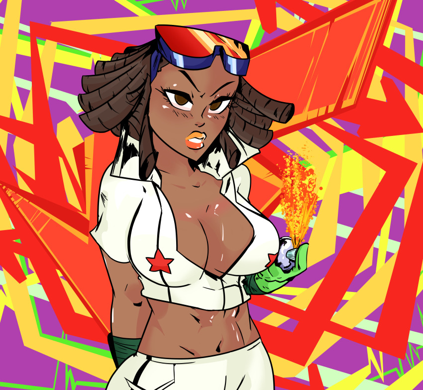 1girl absurdres body_blush breasts brown_eyes brown_hair cleavage dark-skinned_female dark_skin dreadlocks forehead gloves goggles goggles_on_head highres jet_set_radio large_breasts midriff navel piranha_(jsr) sega shiny_skin slugman_octavio spray_can thick_lips toned_stomach