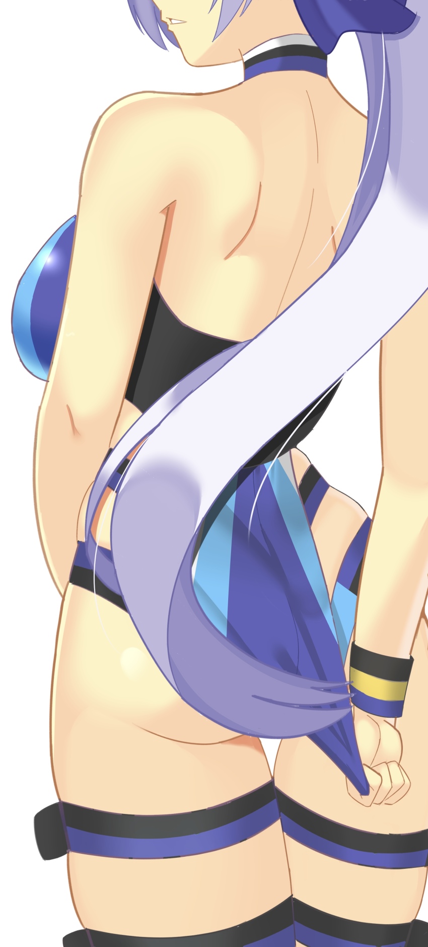 1girl absurdres ass back bare_shoulders blue_bow blue_one-piece_swimsuit bow breasts fate/grand_order fate_(series) hair_bow highleg highleg_one-piece_swimsuit highres large_breasts long_hair megi_(zdsw2323) one-piece_swimsuit parted_lips ponytail solo swimsuit thigh_strap thighs tomoe_gozen_(fate) tomoe_gozen_(swimsuit_saber)_(fate) tomoe_gozen_(swimsuit_saber)_(first_ascension)_(fate) two-tone_swimsuit white_hair white_one-piece_swimsuit wristband