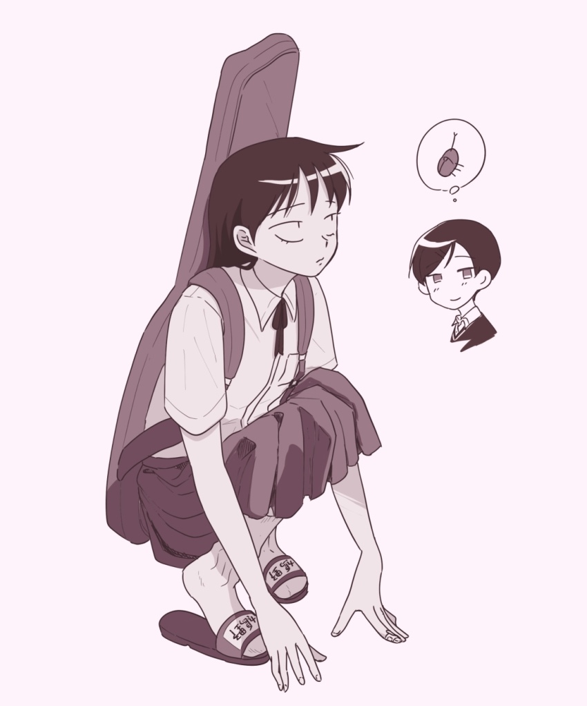 2girls bad_id bad_twitter_id beetle breast_pocket bug closed_mouth collared_shirt dress_shirt full_body futsuu_no_keion-bu guitar_case hands_on_floor hatono_chihiro highres image_in_thought_bubble insect instrument_case instrument_case_on_back instrument_on_back kouyama_rin looking_at_another monochrome multiple_girls neck_ribbon parted_bangs pixie_cut pleated_skirt pocket portrait puramen purple_theme rhinoceros_beetle ribbon sandals school_uniform shirt shirt_tucked_in short_hair short_sleeves simple_background skirt smile socks squatting tiptoes