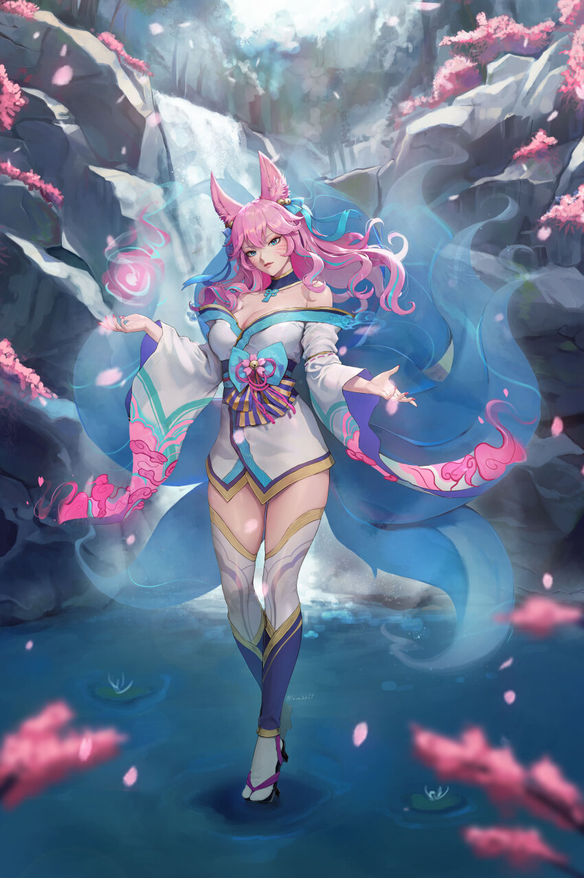 1girl absurdres ahri_(league_of_legends) animal_ears breasts cleavage detached_sleeves facial_mark fox_ears fox_girl fox_tail full_body highres japanese_clothes kimono large_breasts league_of_legends long_hair looking_at_viewer multiple_tails pink_hair solo tabi tail whisker_markings y.i._(lave2217) yellow_eyes