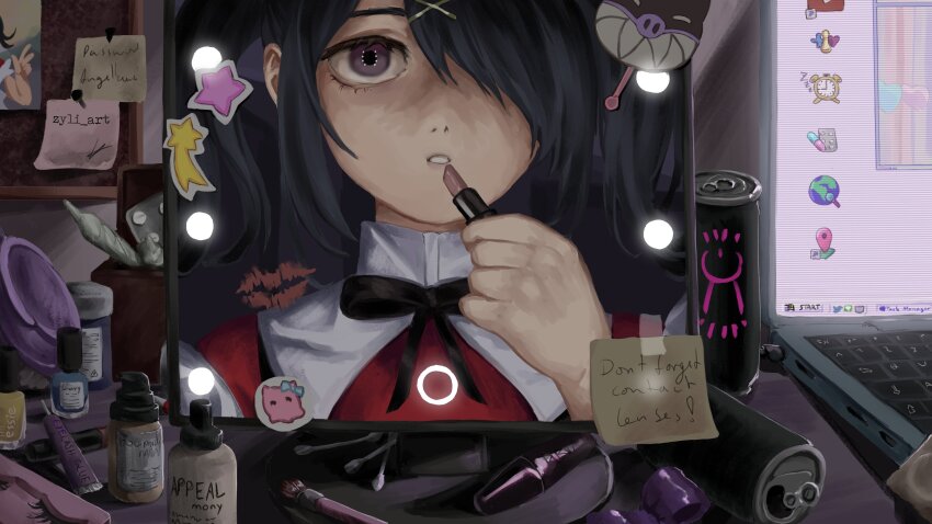 1girl absurdres ame-chan_(needy_girl_overdose) applying_makeup applying_own_makeup black_hair black_ribbon blister_pack can collared_shirt commentary computer cosmetics cotton_swab drink_can energy_drink english_commentary hair_ornament hair_over_one_eye hand_up highres holding holding_lipstick_tube indoors laptop lipstick_mark lipstick_tube long_hair looking_at_mirror looking_at_viewer makeup_brush microsoft_windows mirror nail_polish_bottle neck_ribbon needy_girl_overdose note open_mouth photo_(object) pill purple_eyes red_shirt reflection ribbon shirt soda_can solo star_(symbol) sticker table taped_note twintails upper_body user_interface windows_98 windows_classic x_hair_ornament zyli_(zyli_art)