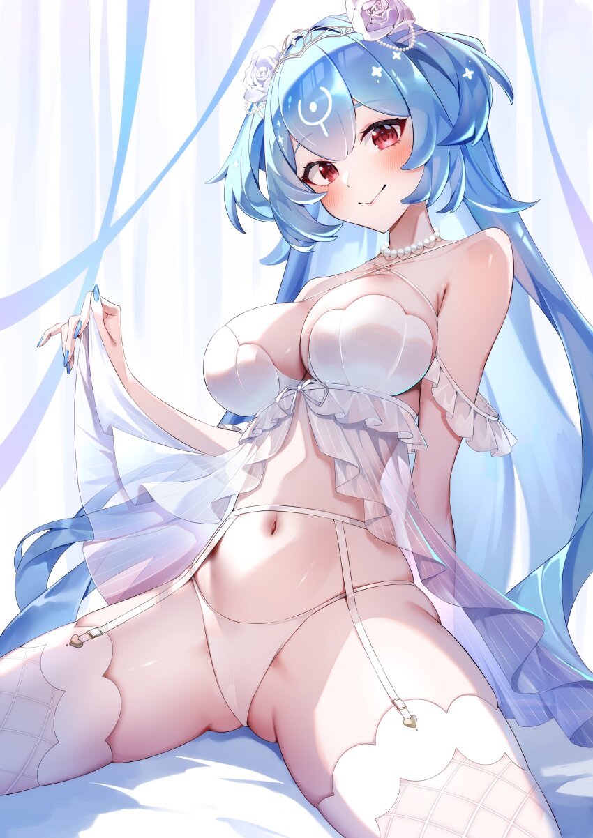 1girl absurdres arm_support armpit_crease babydoll bao_(vtuber) bare_shoulders bead_necklace beads blue_hair blue_nails blush breasts cameltoe cetacean_tail cleavage clothes_lift colored_inner_hair criss-cross_halter double-parted_bangs fingernails fins fish_tail fishnet_thighhighs fishnets flower garter_belt garter_straps gawawawa hair_flower hair_ornament halterneck head_mark highres indie_virtual_youtuber jewelry large_breasts leaning_back light_smile lingerie lips long_hair looking_at_viewer multicolored_hair navel necklace off_shoulder panties pearl_hair_ornament pearl_necklace red_eyes ribbon see-through_babydoll see-through_clothes solo spread_legs stomach tail thighhighs underwear very_long_hair virtual_youtuber whale_girl white_babydoll white_panties white_thighhighs white_tiara
