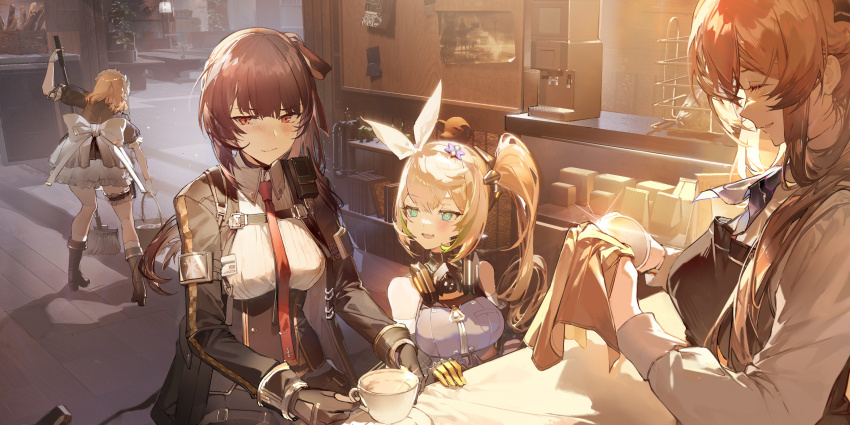 4girls apron averting_eyes bare_shoulders black_boots black_jacket blonde_hair blue_eyes blue_ribbon blush boots brown_hair bucket centaureissi_(girls&#039;_frontline_2) closed_eyes coffee_maker collared_shirt cup dalanxia from_behind g36_(girls&#039;_frontline) girls&#039;_frontline girls&#039;_frontline_2:_exilium gloves hair_ribbon highres jacket leaning_forward maid maid_headdress makiatto_(girls&#039;_frontline_2) mop multiple_girls necktie official_art open_clothes open_jacket open_mouth polishing ponytail purple_hair red_eyes red_necktie ribbed_shirt ribbon sharkry_(girls&#039;_frontline_2) shirt springfield_(girls&#039;_frontline) table teacup underbust wa2000_(girls&#039;_frontline) wavy_mouth white_ribbon white_shirt yellow_gloves