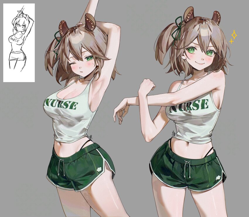 1girl absurdres alternate_costume ani_019 animal_ears arm_across_chest arm_behind_head armpits bare_arms bare_shoulders breasts brown_hair cleavage clothes_writing commentary cowboy_shot dolphin_shorts drawstring glowing_veins green_eyes green_shorts grey_background hair_between_eyes highres indie_virtual_youtuber large_breasts looking_at_viewer midriff multiple_views navel nimi_nightmare one_eye_closed one_side_up panty_straps reference_inset shirt shorts simple_background sketch_inset solo stretching sweat tank_top tapir_ears tapir_girl virtual_youtuber white_tank_top