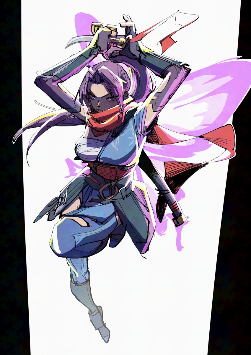 1girl animification bare_shoulders breasts elbow_gloves gloves highres holding holding_sword holding_weapon japanese_clothes kimono long_hair looking_at_viewer marvel marvel_rivals psylocke psylocke_(sai) purple_eyes purple_hair sarashi solo superebiseeeen superhero_costume sword weapon wings x-men