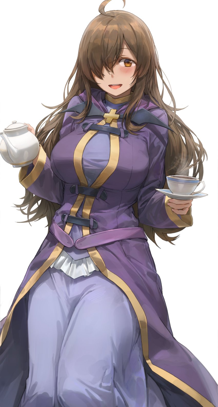 1girl :d absurdres ahoge blush breasts brown_eyes brown_hair commentary_request cross cup dress free_style_(yohan1754) hair_over_one_eye highres holding holding_cup kono_subarashii_sekai_ni_shukufuku_wo! large_breasts latin_cross long_dress long_hair long_sleeves looking_at_viewer open_mouth purple_dress robe saucer simple_background smile solo tea teacup white_background wiz_(konosuba)