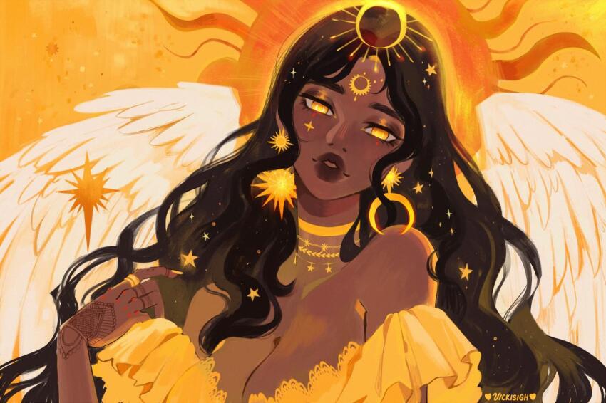 1girl artist_name bare_shoulders black_hair breasts choker cleavage commentary dark-skinned_female dark_skin earrings facial_mark feathered_wings forehead_mark hair_ornament henna jewelry large_breasts long_hair mismatched_earrings orange_eyes original parted_lips ring solo star_(symbol) star_hair_ornament sun upper_body very_dark_skin vicki_tsai wavy_hair wings yellow_choker yellow_nails