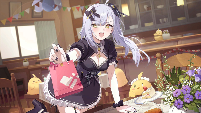 1girl ahoge arm_support artist_request azur_lane bag bird black_bow black_dress black_footwear black_garter_straps black_nails black_scrunchie blush bow breasts cafe cake cake_slice chair chick cleavage cleavage_cutout clothing_cutout dress flower food frilled_dress frills fruit garter_straps gift grey_hair hair_bow hair_ornament hair_ribbon hand_on_table high_heels highres holding indoors jewelry long_hair looking_at_viewer maid medium_breasts nail_polish non-web_source oceana_(azur_lane) official_art open_mouth plant plate potted_plant puffy_short_sleeves puffy_sleeves purple_flower restaurant ribbon scrunchie shoes short_sleeves side_ponytail siren_(azur_lane) standing strawberry table teeth upper_teeth_only wooden_table wrist_scrunchie yellow_eyes