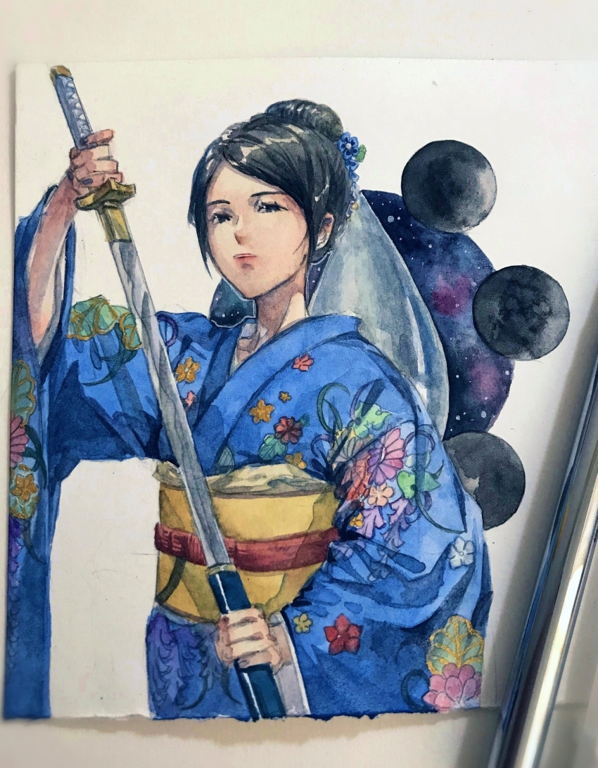 1girl absurdres art_tools_in_frame black_eyes black_hair blue_flower blue_kimono chongmingggg closed_mouth collarbone cowboy_shot expressionless eyelashes floral_print flower hair_bun hair_flower hair_ornament highres holding holding_sword holding_weapon japanese_clothes katana kimono lipstick long_sleeves makeup obi photo_(medium) pink_lips remembrance_of_earth&#039;s_past sash sheath short_hair single_hair_bun sleeves_past_wrists solo sophon standing sword traditional_media unsheathing updo veil weapon white_veil wide_sleeves yellow_sash