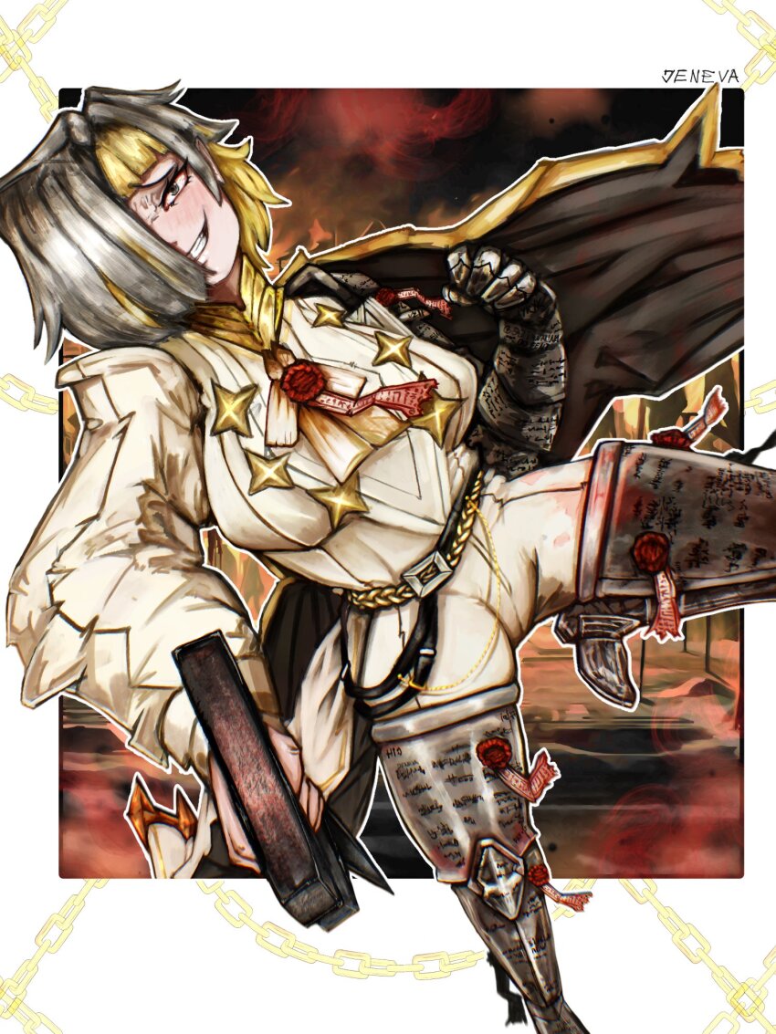 1girl armor artist_name belt blonde_hair blood blood_on_clothes cape evil_smile gauntlets grey_eyes grey_hair grin hair_over_one_eye highres jacket jeneva kromer_(project_moon) limbus_company multicolored_hair project_moon puffy_sleeves single_gauntlet smile solo sword two-tone_hair watermark wax_seal weapon yellow_belt