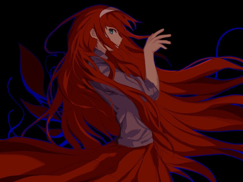black_background blue_eyes highres long_skirt looking_at_viewer profile purple_shirt red_hair red_skirt shirt simple_background skirt tara3763 tohno_akiha tsukihime