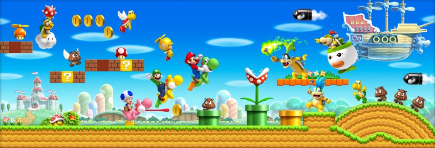 ?_block aircraft airship bowser_jr. bullet_bill castle cloud coin flying goomba highres huge_tongue iggy_koopa koopa_paratroopa koopa_troopa koopalings lakitu larry_koopa luigi mario mario_(series) mountain multiple_boys mushroom new_super_mario_bros._wii nintendo official_art outdoors paragoomba piranha_plant royalsupermario sky spiny spiny_egg super_mario_bros._1 toad_(mario) tongue tongue_out turtle wand warp_pipe wings yoshi