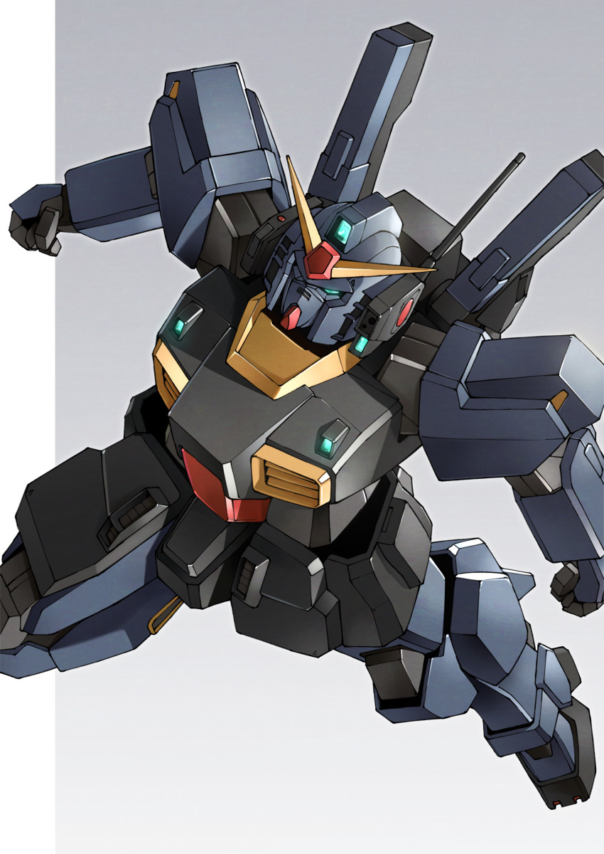 absurdres clenched_hands commentary_request flying green_eyes gundam gundam_mk_ii highres mecha mecha_focus mobile_suit no_humans radio_antenna robot science_fiction solo takahashi_masaki titans_(gundam) v-fin zeta_gundam