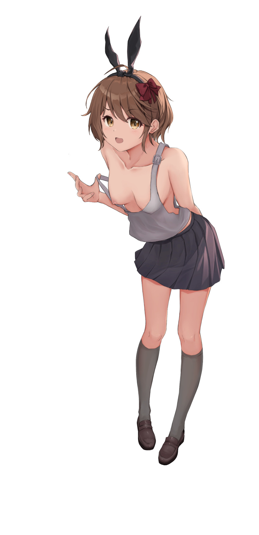 1girl absurdres ahoge animal_ear_hairband animal_ears black_hairband black_skirt bow breasts brown_eyes brown_hair buckle collarbone commentary_request fake_animal_ears flashing full_body grey_shoes grey_socks grey_tank_top hair_bow hairband hand_up highres kneehighs loafers looking_at_viewer medium_breasts miniskirt nipples no_bra open_mouth partial_commentary pleated_skirt rabbit_ear_hairband rabbit_ears red_bow shiina_mashiro_(xxxa2348) shoes short_hair simple_background skirt socks solo standing strap_pull swept_bangs tank_top variant_set white_background