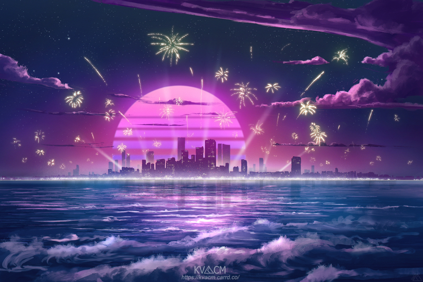 aerial_fireworks artist_name building city cloud cloudy_sky commentary english_commentary fireworks kvacm night no_humans ocean original outdoors purple_clouds scenery sky skyscraper synthwave water