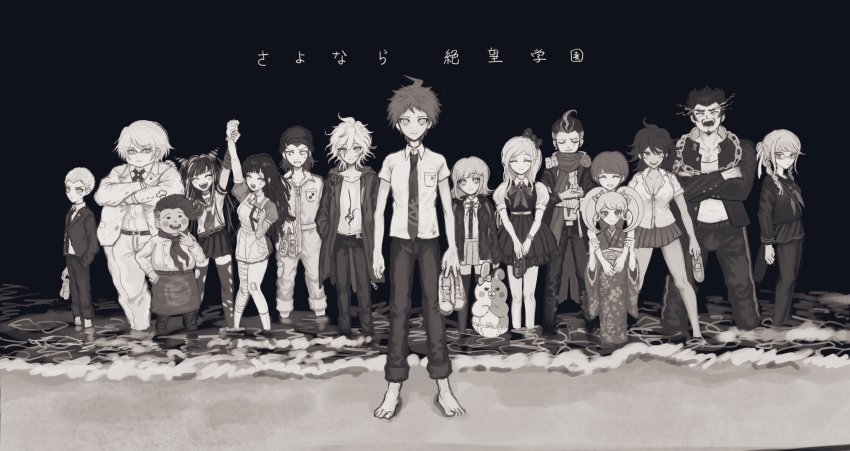 6+boys 6+girls :d absurdres animal animal_on_shoulder apron arm_up bandaged_arm bandaged_leg bandages bandaid bandaid_on_knee bandaid_on_leg barefoot beach black_background blush blush_stickers bow braid cat_hair_ornament cham-p chef_hat collarbone danganronpa_(series) danganronpa_2:_goodbye_despair diaper dress dress_shirt ear_bow everyone fat fat_man formal_clothes glasses greyscale hair_horns hair_ornament hair_ribbon hamster hanamura_teruteru hat highres hinata_hajime holding_hands hug hug_from_behind ie_(kshgnhg) jacket japanese_clothes jum-p jumpsuit kimono koizumi_mahiru komaeda_nagito kuzuryu_fuyuhiko long_hair maga-g medium_hair miniskirt mioda_ibuki monochrome monomi_(danganronpa) multicolored_hair multiple_boys multiple_girls muscular muscular_male nanami_chiaki neck_ribbon nidai_nekomaru obi open_clothes open_jacket open_mouth owari_akane pants pantyhose pekoyama_peko print_shirt ribbon saionji_hiyoko sash scarf school_uniform shirt shirt_tucked_in short_hair skirt smile soda_kazuichi sonia_nevermind standing striped_clothes striped_jacket striped_pants sun-d tanaka_gundham teeth thighhighs togami_byakuya_(danganronpa_2) torn_clothes torn_legwear torn_thighhighs translation_request tsumiki_mikan twin_braids twintails two-tone_hair upper_teeth_only wading zettai_ryouiki