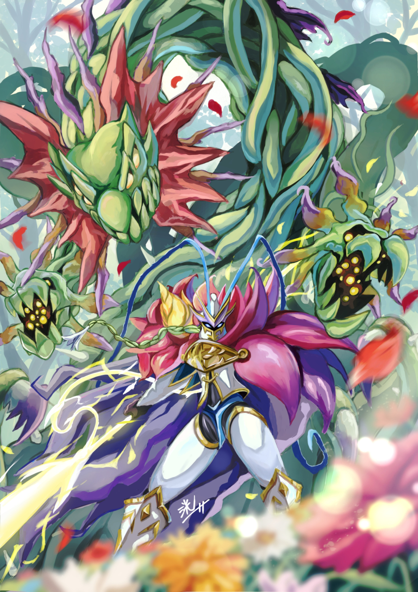 bloomlordmon blurry blurry_background blurry_foreground digimon digimon_(creature) electricity forest highres holding holding_weapon hydra hydramon knight kou_(xcws3487) multiple_heads nature petals plant weapon