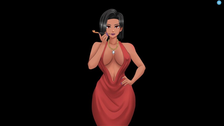 andrealphus_games black_hair breasts dress kiara_(love_n_sex) looking_at_viewer love_n_sex_second_base modeling red_dress standing