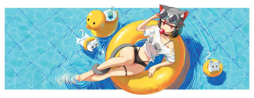 1girl absurdres adjusting_eyewear animal_ear_fluff arm_rest bikini black_bikini black_choker black_hair border cat_girl cat_tail chewing_gum choker cup drinking_glass eyewear_on_head from_above hair_ornament hairclip highres innertube knees_up letterboxed looking_at_viewer lying maro_(neneko_mashiro) medium_hair midriff navel neneko_mashiro o-ring o-ring_thigh_strap on_innertube partially_submerged pool red_eyes round_eyewear rubber_duck see-through_clothes see-through_shirt shirt sidelocks skindentation soaking_feet sseonyu stellive sunglasses swim_ring swimming swimsuit tail tail_around_own_leg thigh_strap virtual_youtuber water wet wet_clothes wet_shirt white_border