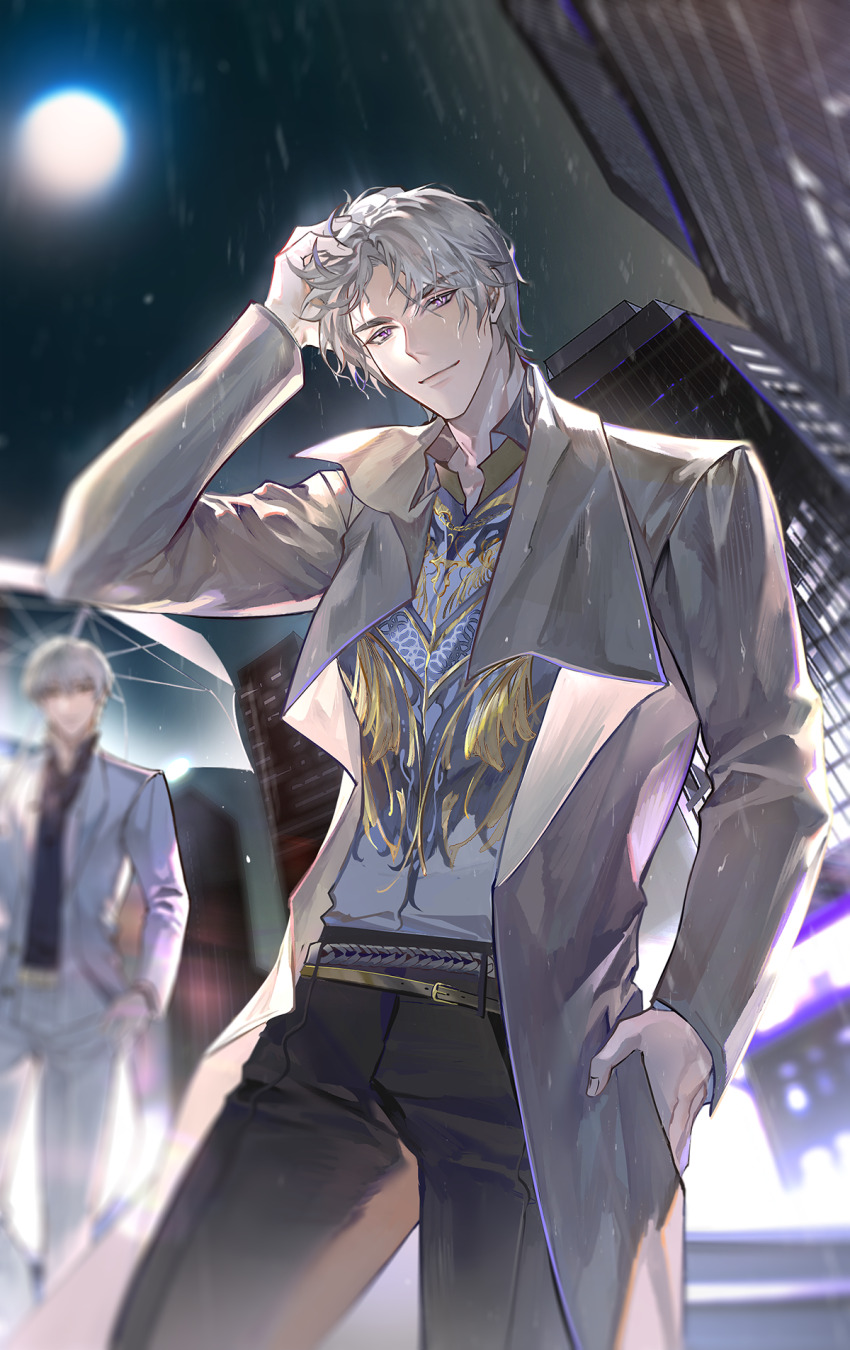 2boys black_pants blurry charlie_su closed_mouth coat formal_clothes hand_in_pocket highres light_and_night_love long_sleeves looking_at_viewer male_focus moon multiple_boys night night_sky outdoors pants purple_eyes qi_sili rain shirt short_hair sky smile solo_focus standing wet white_hair yinzinmiemie