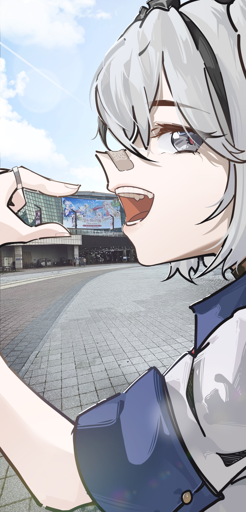1girl absurdres alternate_costume annotated bandaid bandaid_on_face bandaid_on_nose black_eyes blue_sky camellya_(wuthering_waves) commentary day english_commentary grey_hair hand_up highres jacket looking_at_viewer official_art_inset open_mouth outdoors pinching_gesture profile red_pupils ryeon_(naturesan) screenshot_background short_hair sideways_glance sky solo teeth upper_body white_jacket wuthering_waves
