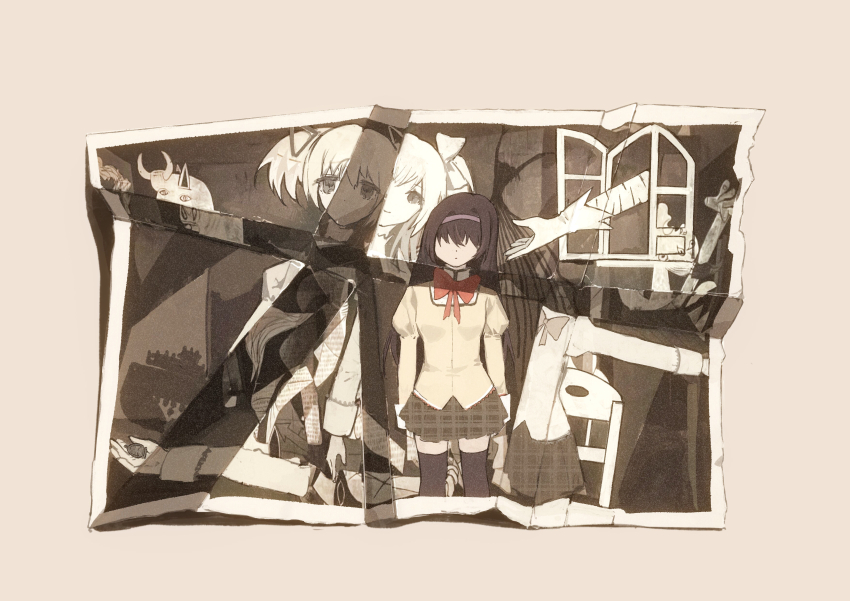 2girls absurdres akemi_homura black_hair black_thighhighs bow bowtie brown_background chair chinese_commentary closed_mouth commentary_request cowboy_shot dot_mouth dot_nose dual_persona facing_viewer gloves grey_hair grey_skirt hair_bow hair_ribbon hairband highres juliet_sleeves kaname_madoka long_hair long_sleeves mahou_shoujo_madoka_magica mahou_shoujo_madoka_magica:_hangyaku_no_monogatari mitakihara_school_uniform multiple_girls no_eyes no_mouth open_window photo_(object) plaid_clothes plaid_skirt puffy_sleeves purple_hairband reaching red_bow red_bowtie ribbon school_uniform simple_background skirt smile soul_gem standing tape thighhighs ultimate_madoka white_gloves window yayaziiii