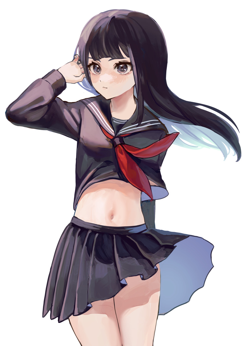 1girl absurdres arm_up black_hair black_serafuku black_skirt commentary_request envy_cat_walk_(vocaloid) grey_eyes hatsune_miku hatsune_miku_(chat_noir) highres long_hair looking_at_viewer midriff navel neckerchief nemari_(user_wtca7244) official_alternate_hair_color painterly pleated_skirt project_diva_(series) red_neckerchief school_uniform serafuku simple_background skirt solo standing vocaloid white_background
