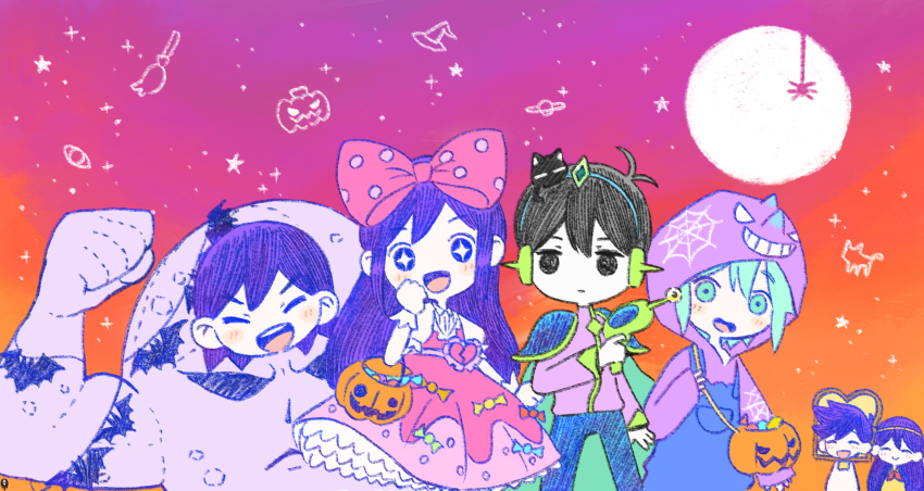 +_+ 2girls 4boys aubrey_(headspace)_(omori) aubrey_(omori) basil_(headspace)_(omori) basil_(omori) basket biscuit_(omori) biscuit_(omori)_(cosplay) black_eyes black_hair blush boss_(omori) captain_spaceboy captain_spaceboy_(cosplay) character_costume closed_eyes colored_skin cosplay doughie_(omori) doughie_(omori)_(cosplay) elbow_carry green_eyes green_hair hero_(headspace)_(omori) hero_(omori) highres holding holding_basket kel_(headspace)_(omori) kel_(omori) long_hair long_sleeves looking_at_viewer mari_(headspace)_(omori) mari_(omori) mewo moon multiple_boys multiple_girls omori omori_(omori) open_mouth pluto_(omori) pluto_(omori)_(cosplay) purple_eyes purple_hair short_hair smile sun_iiinu sweetheart_(omori) sweetheart_(omori)_(cosplay) teeth upper_teeth_only white_skin
