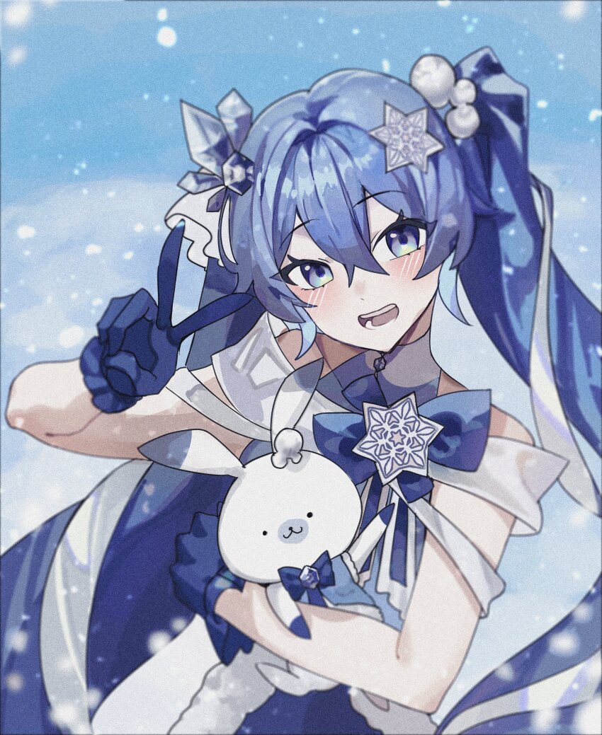 ._. 1girl 46_coffee absurdres animal bare_arms bare_shoulders blue_bow blue_bowtie blue_dress blue_eyes blue_gloves blue_sky blue_vest blush bow bowtie crossed_bangs crystal_hair_ornament dress frilled_gloves frills fur-trimmed_dress fur-trimmed_vest fur_trim gloves hair_between_eyes hair_ornament halterneck hashtag-only_commentary hatsune_miku head_tilt highres holding holding_animal long_hair looking_at_viewer multicolored_hair official_alternate_costume open_mouth outdoors rabbit rabbit_yukine sidelocks sky smile snow snowflake_hair_ornament snowing solo streaked_hair teeth twintails two-tone_hair upper_body very_long_hair vest vocaloid yuki_miku yuki_miku_(2025)