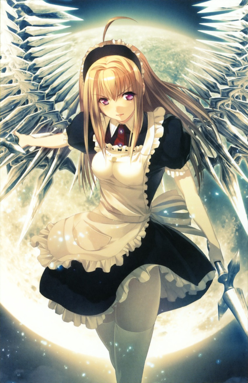 1girl ahoge anna_(gekkou_no_carnevale) blonde_hair female_focus frills gekkou_no_carnevale hairband highres long_hair maid moon oosaki_shin&#039;ya outdoors purple_eyes red_eyes sky solo sword thighhighs weapon white_thighhighs wings zettai_ryouiki