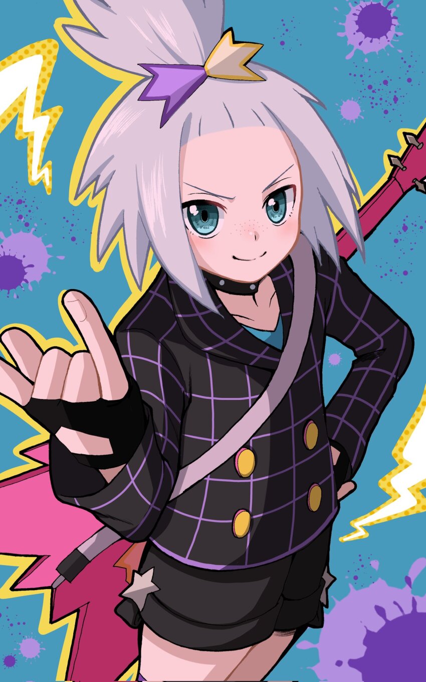 1girl \m/ black_choker black_pants blue_background blue_eyes choker collarbone corrupted_twitter_file drop_shadow emapippi fingerless_gloves gloves grey_hair hand_on_own_hip highres looking_at_viewer nintendo official_alternate_costume paint_splatter pants pokemon pokemon_masters_ex roxie_(pokemon) roxie_(sygna_suit)_(pokemon) solo topknot v-shaped_eyebrows