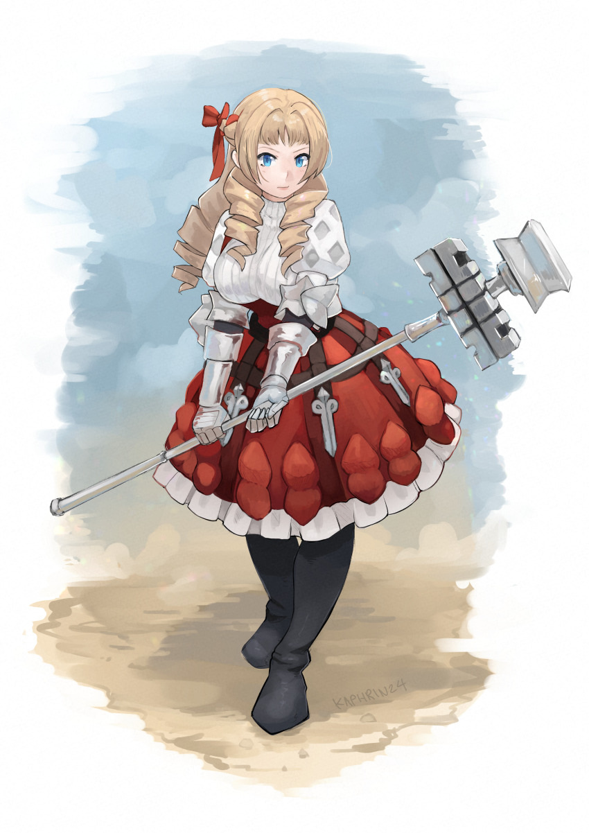1girl absurdres black_footwear blonde_hair blue_eyes drill_hair full_body highres holding juliet_sleeves kaphrin long_hair long_sleeves petticoat puffy_sleeves red_skirt ribbed_shirt scarlett_(unicorn_overlord) shirt skirt solo standing unicorn_overlord vambraces white_shirt