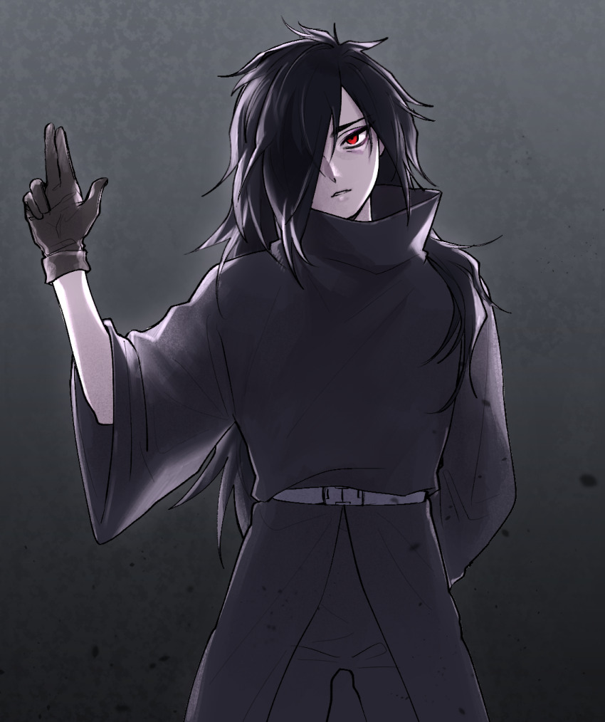 1boy arm_behind_back belt black_hair black_robe cowboy_shot facial_mark gloves greyscale highres long_hair male_focus messy_hair monochrome naruto_(series) parted_lips qjqjqjql red_eyes robe simple_background solo uchiha_madara white_background