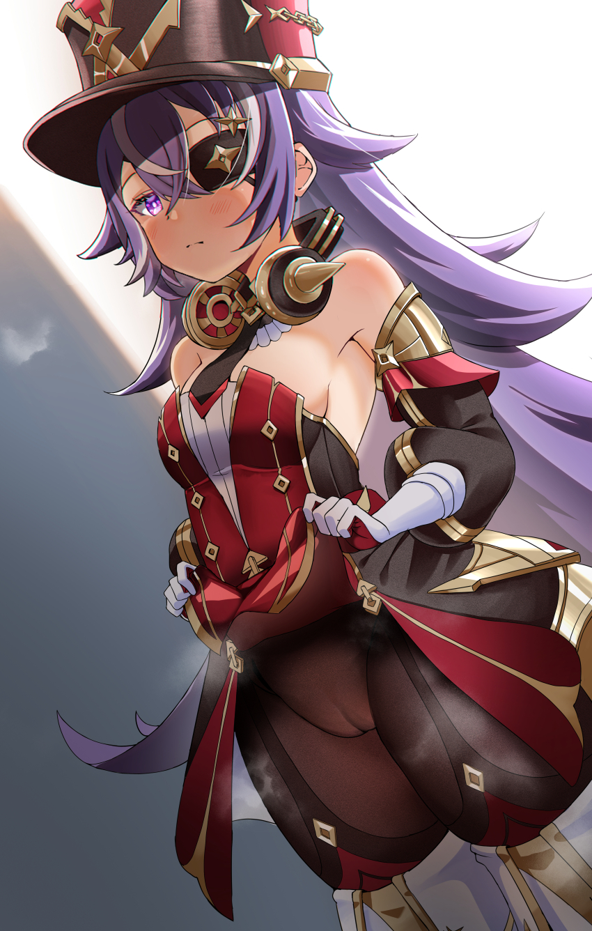 1girl absurdres bare_shoulders black_dress black_necktie blush boots breasts bright_pupils cameltoe chevreuse_(genshin_impact) clothes_lift commentary_request cowboy_shot detached_collar detached_sleeves dress dress_lift earmuffs earmuffs_around_neck eyepatch genshin_impact gloves gold_trim grey_hair hat highres holding lhofi lifting_own_clothes long_hair looking_at_viewer mole mole_under_mouth multicolored_hair necktie pantyhose parted_lips pointy_hair puffy_detached_sleeves puffy_sleeves purple_eyes purple_hair red_dress revision shako_cap small_breasts solo standing strapless strapless_dress streaked_hair thigh_boots thighs two-tone_dress two-tone_hair very_long_hair white_boots white_gloves white_hair white_pupils