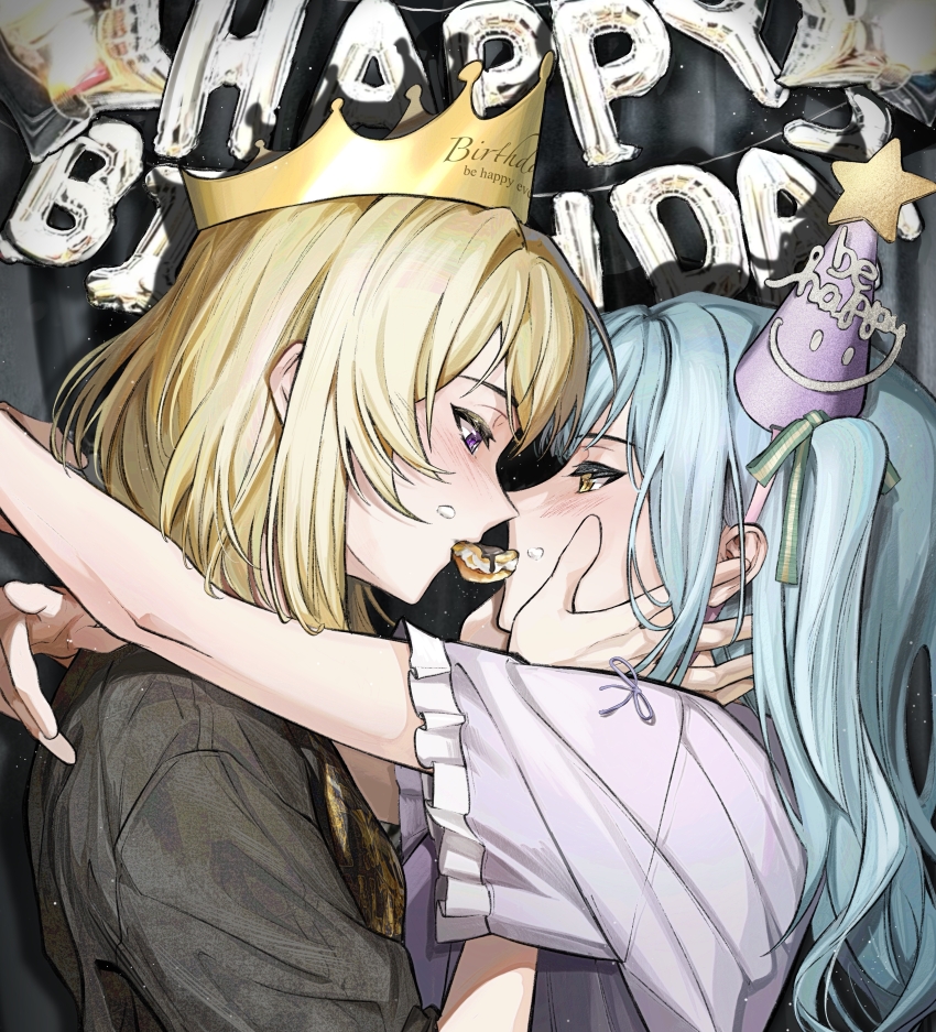 2girls absurdres arms_around_neck bang_dream! bang_dream!_it&#039;s_mygo!!!!! black_shirt blonde_hair blue_hair blush chinese_commentary commentary_request crown eye_contact food food_on_face hand_on_another&#039;s_face happy_birthday hat hero45439083942 highres looking_at_another medium_hair misumi_uika mouth_hold multiple_girls party_hat purple_eyes purple_hair purple_shirt sharing_food shirt togawa_sakiko two_side_up upper_body yellow_eyes yuri