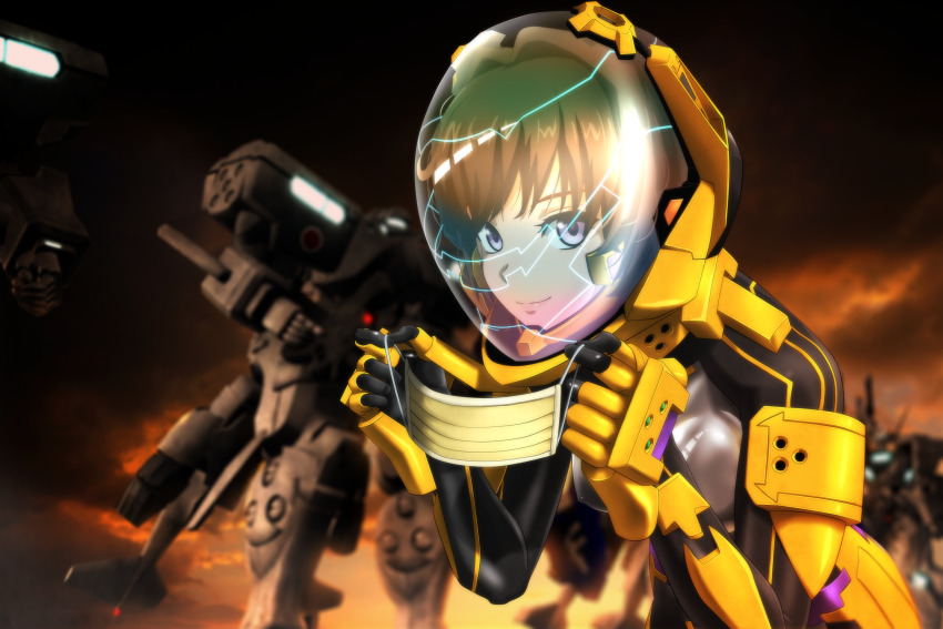 1girl black_gloves blurry blurry_background brown_hair cloud cloudy_sky covered_erect_nipples f-4j_gekishin fortified_suit genya_(genya67) gloves helmet highres holding holding_mask leaning_forward looking_at_viewer mask mecha mecha_pilot_suit mouth_mask muv-luv muv-luv_alternative muv-luv_total_eclipse pilot_helmet pilot_suit purple_eyes robot science_fiction sky smile surgical_mask tactical_surface_fighter takamura_yui visor xfj-01a_shiranui
