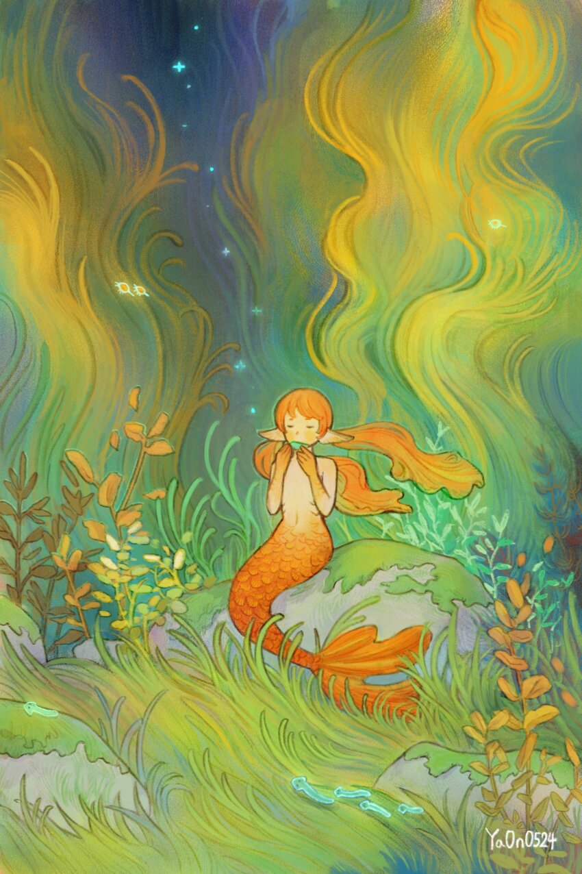 1girl absurdres artist_name bioluminescence eating fins full_body glowing grass head_fins highres holding long_hair mermaid monster_girl moss nature on_rock orange_hair original overgrown plant pointy_ears rock scenery seaweed signature sitting solo sparkle translation_request twintails underwater ya0n0524