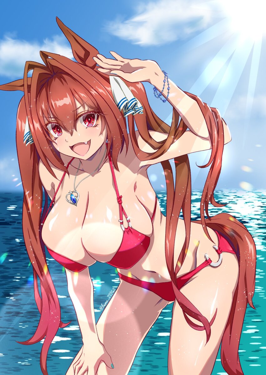 1girl animal_ears bikini blue_sky breasts brown_hair cleavage cloud commentary contrapposto cowboy_shot daiwa_scarlet_(umamusume) fang hair_intakes hand_on_own_thigh highres horse_ears horse_girl horse_tail huge_breasts jewelry leaning_forward light_rays long_hair looking_at_viewer navel open_mouth outdoors pendant red_bikini red_eyes ryuusakirana sky smile solo swimsuit symbol-only_commentary tail twintails umamusume
