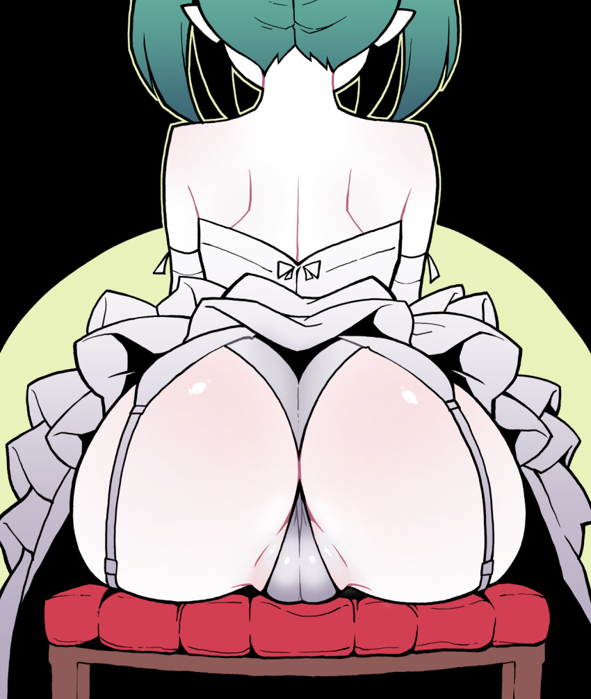1girl akableak ass ass_focus bare_shoulders black_background clothes_lift commentary detached_sleeves dress dress_lift english_commentary frilled_dress frills garter_belt garter_straps green_hair highres monogatari_(series) ononoki_yotsugi panties partially_visible_vulva pointy_ears simple_background sitting solo thong twintails two-tone_background underwear wedgie white_dress white_panties yellow_background
