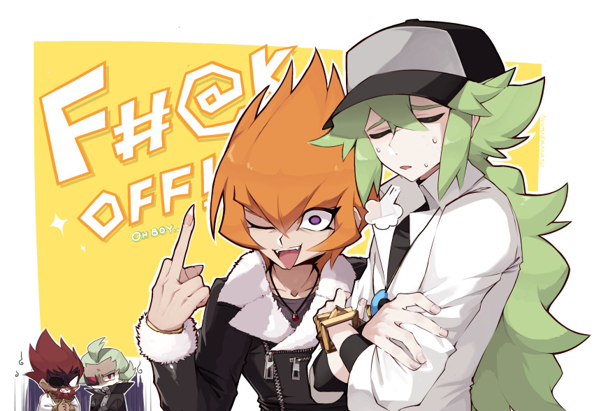 4boys ahoge angry beard black_cape black_coat black_hat black_shirt border bracelet cape character_request chibi chibi_inset closed_eyes coat crazy_eyes crazy_smile crossed_arms crossover dress_shirt english_text facial_hair facing_to_the_side fur-trimmed_coat fur-trimmed_sleeves fur_trim ghetsis_(pokemon) gold_bracelet green_hair hair_slicked_back hand_up hat highres jacket jewelry leather leather_jacket long_bangs looking_at_another looking_to_the_side male_focus middle_finger multiple_boys n_(pokemon) necklace nintendo nuumigranate one_eye_closed open_mouth orange_hair own_hands_together partially_unbuttoned pokemon pokemon_bw pokemon_bw2 ponytail popped_collar profanity purple_eyes red-tinted_eyewear red_hair shirt shirt_under_shirt side-by-side smile spiked_hair sweatdrop tinted_eyewear unbuttoned unbuttoned_shirt vector_(yu-gi-oh!) white_border white_shirt yellow_background yu-gi-oh! yu-gi-oh!_zexal
