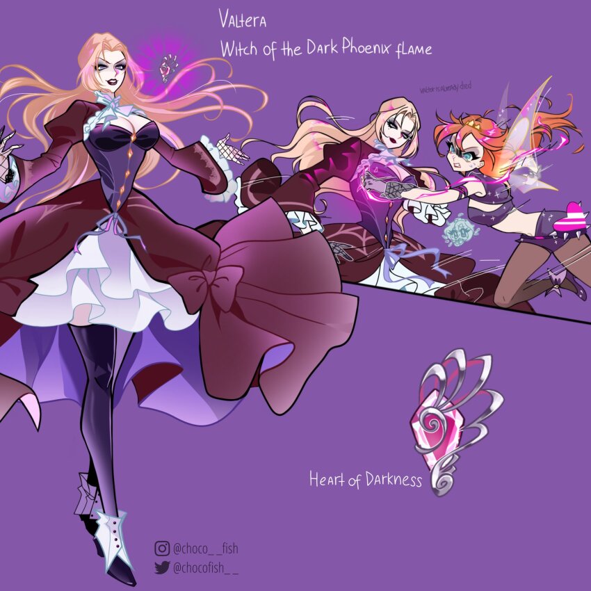 2girls adapted_costume ahoge alternate_costume anklet aqua_eyes arm_ribbon ascot bad_id bad_twitter_id battle belt belt_bag belt_buckle black_belt black_boots black_gloves black_thighhighs blonde_hair bloom_(winx_club) boots bow breasts buckle buttons character_name chocofish cleavage cleavage_cutout clenched_teeth clothing_cutout collared_dress commentary crop_top dark_bloom_(winx_club) determined diamond_button dress dress_bow english_commentary english_text evil_smile eyelashes eyeshadow fairy fairy_wings fighting fire fishnet_gloves fishnets floating_clothes floating_hair frilled_sleeves frills genderswap genderswap_(mtf) glitter gloves gold_tiara grey_pantyhose heart-shaped_bag high_heels highres holding holding_another&#039;s_wrist instagram_username jewelry juliet_sleeves large_breasts lipstick long_hair long_sleeves looking_ahead magical_girl makeup medium_dress microskirt mini_tiara mole mole_under_eye multicolored_boots multiple_girls multiple_views open_mouth orange_hair outstretched_arms pantyhose pink_bag pink_fire puffy_sleeves purple_background purple_dress purple_eyeshadow purple_gloves purple_lips purple_ribbon purple_shirt purple_shoes purple_skirt red_bow red_dress reference_sheet ribbon see-through_clothes see-through_gloves shirt shoes short_sleeves simple_background skirt skirt_set smile spider_web_print spikes teeth thighhighs transparent_wings twitter_username two-sided_dress two-sided_fabric two-tone_boots two-tone_dress valtor_(winx_club) very_long_hair waist_ribbon watermark white_ascot white_boots white_wings wings winx_club