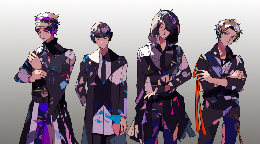4boys android black_hair black_jacket blonde_hair brown_hair headphones hito01 hood hoodie horobi_(kamen_rider_01) humagear_headphones ikazuchi_(kamen_rider_01) jacket jin_(kamen_rider_01) kamen_rider kamen_rider_01_(series) long_sleeves looking_at_viewer male_focus multiple_boys naki_(kamen_rider_01) necktie red_eyes robot_ears shirt short_hair simple_background smile white_background