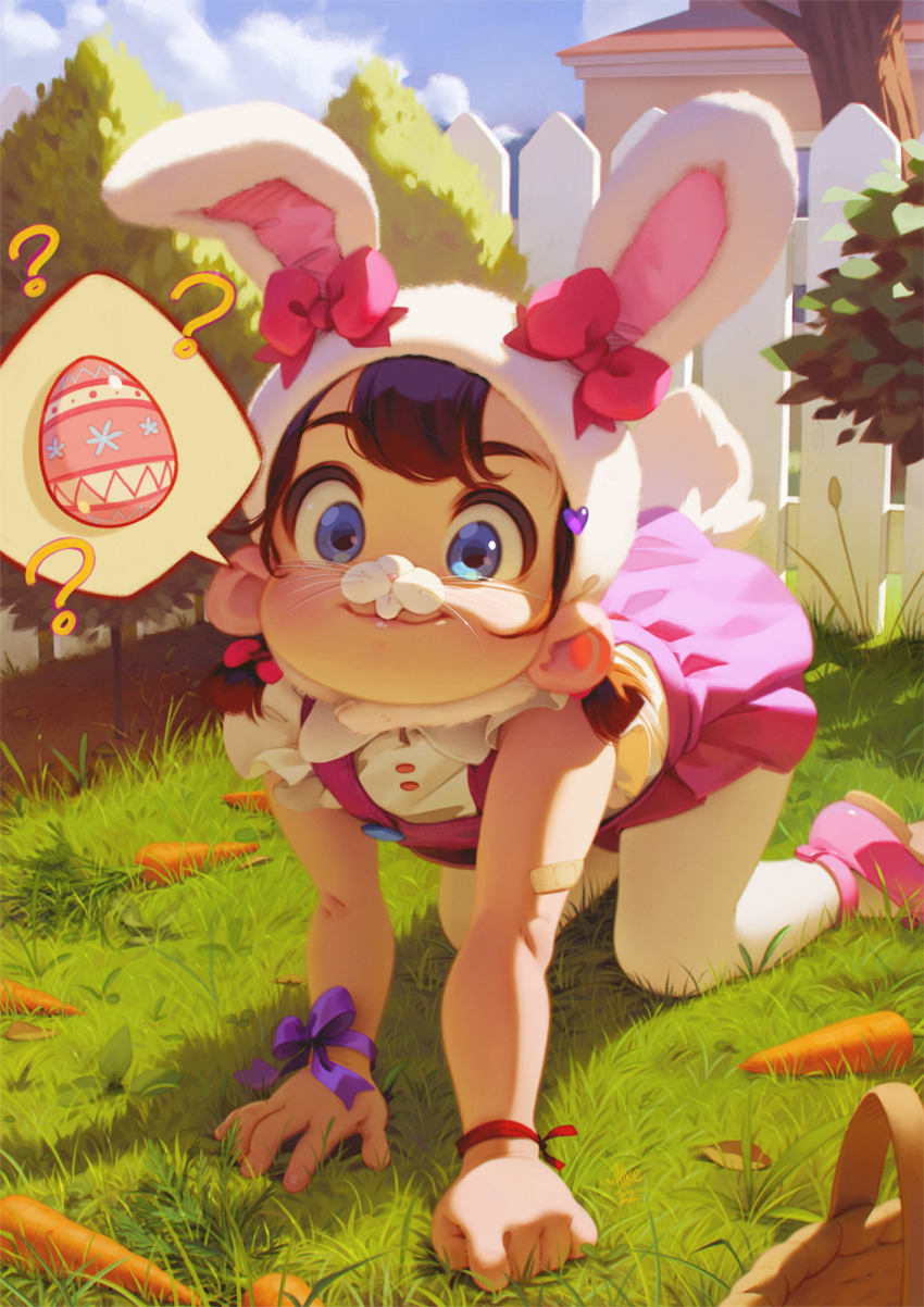 1girl ? alkemanubis all_fours animal_ears animal_hat bandaid bandaid_on_arm basket blue_eyes bow bracelet brown_hair bush carrot cloud cosplay dress easter easter_bunny easter_bunny_(cosplay) easter_egg egg fence food grass hair_ornament hair_ribbon hat heart heart_hair_ornament highres house jewelry leaf looking_at_viewer mary_janes original pantyhose pink_bow pink_dress pink_shoes rabbit_ears rabbit_hat rabbit_tail ribbon shirt shoes short_hair short_sleeves sky sleeveless sleeveless_dress smile speech_bubble spoken_egg tail twintails whiskers white_hat white_pantyhose white_shirt wrist_ribbon