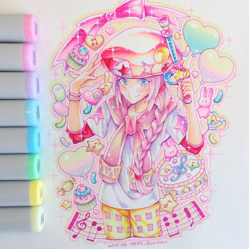 1boy art_tools_in_frame balloon braid cake candy classicaloid closed_mouth flute food hat heart heart_balloon holding holding_flute holding_instrument instrument jacket_around_neck jelly_bean long_hair long_sleeves looking_at_viewer male_focus musical_staff neko_hunsou pink_hat recorder shirt shorts solo traditional_media white_shirt wolfgang_amadeus_mozart_(classicaloid) yellow_shorts